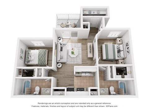 Floor plan for 2 beds, 2 baths, 1047 sqft